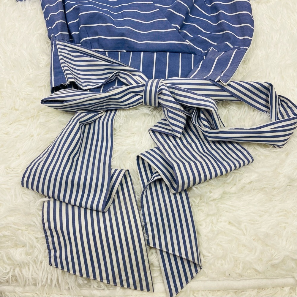 NEW YORK & COMPANY navy & white striped tie waist wrap puff sleeve blouse SZ S - Picture 8 of 14